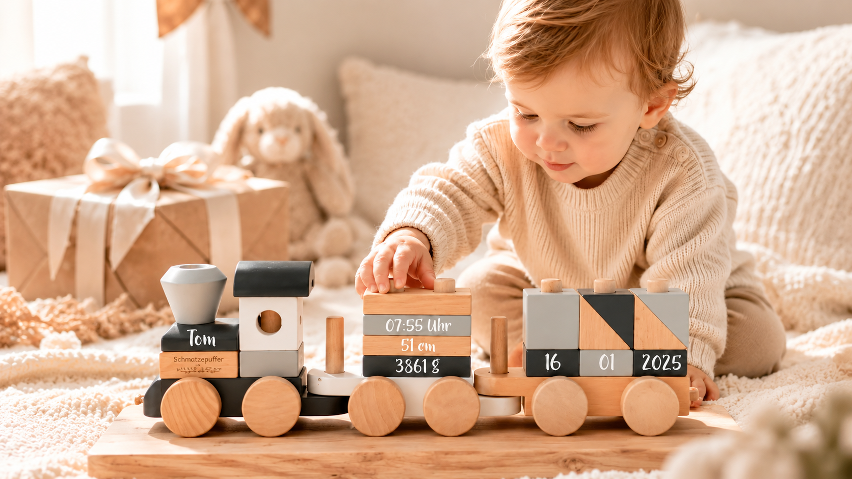 Kind spielt mit einem personalisierten Holzzug von Schmatzepuffer – Symbolbild für die Unternehmensentwicklung, Medienberichte und personalisierte Babygeschenke aus Bocholt.