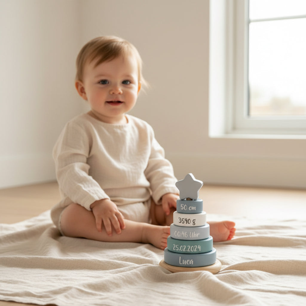Baby mit personalisiertem Stapelturm Geschenk zur Geburt mit Name und Geburtsdaten in Pastellfarben