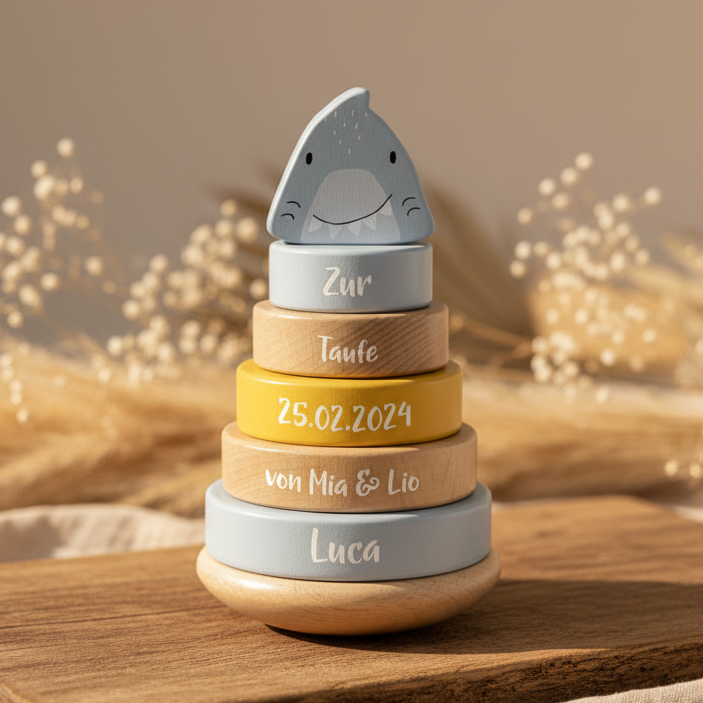 Stapelturm Holz Herr Hai – Geschenk zur Taufe | Schmatzepuffer