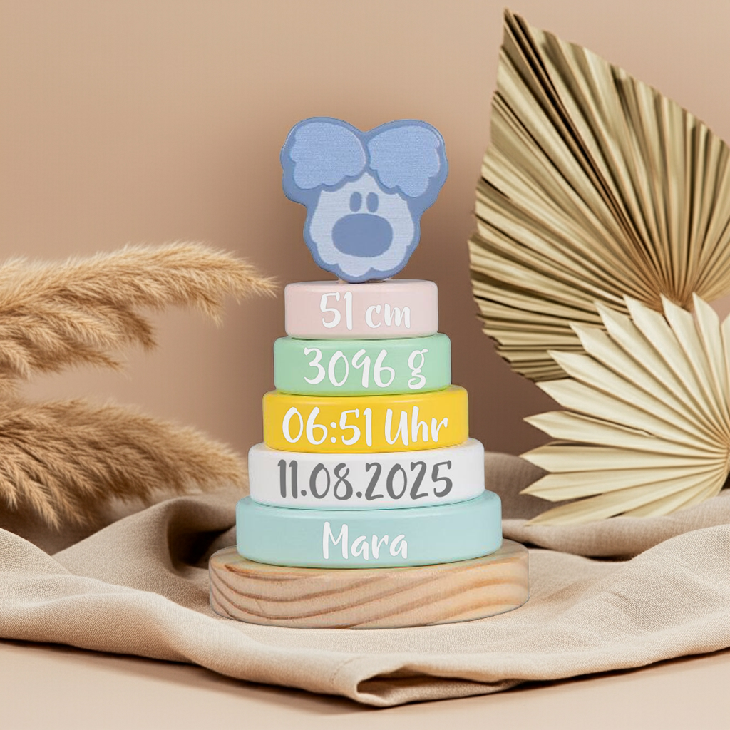 Personalisierter Stapelturm Wusel Baby – Geschenk zur Geburt | Schmatzepuffer