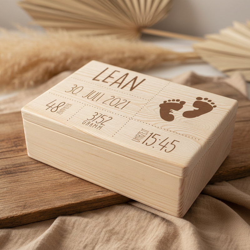 Erinnerungsbox - Naturholz - Zur Geburt personalisiert | Schmatzepuffer