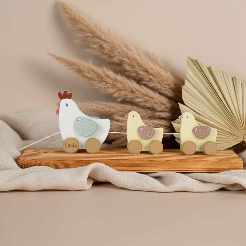 Personalisiertes Nachziehtier Huhn aus Holz mit Name | Geschenk für Kinder