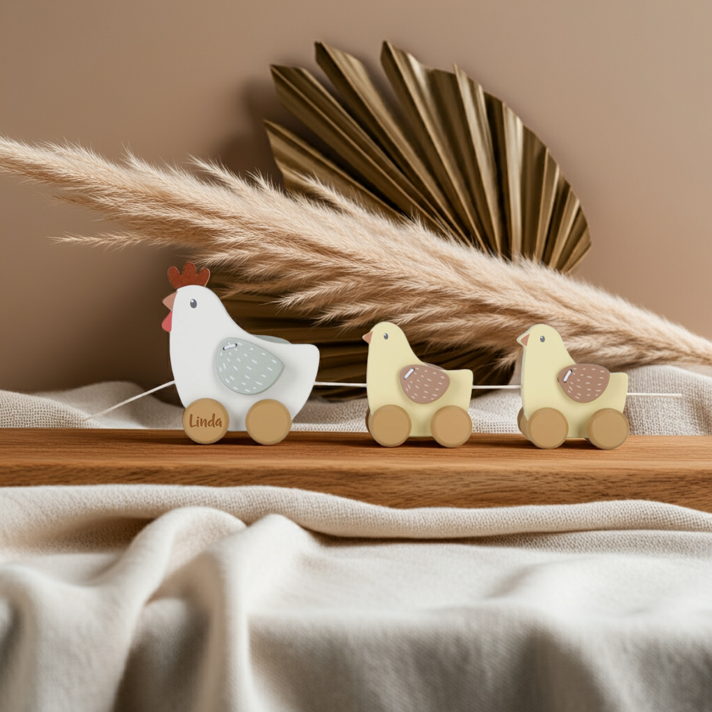 Personalisiertes Nachziehtier Huhn aus Holz mit Name | Geschenk für Kinder