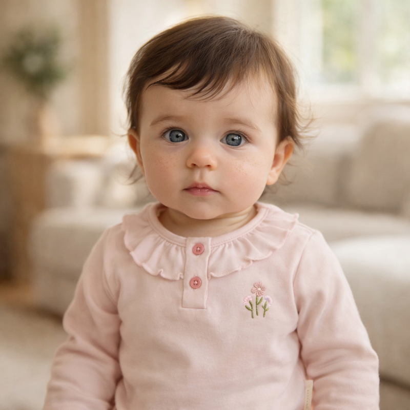 Baby Mädchen trägt rosa Langarmshirt mit Rüschenkragen und kleiner Blumenstickerei in hellem Wohnraum bei natürlichem Licht