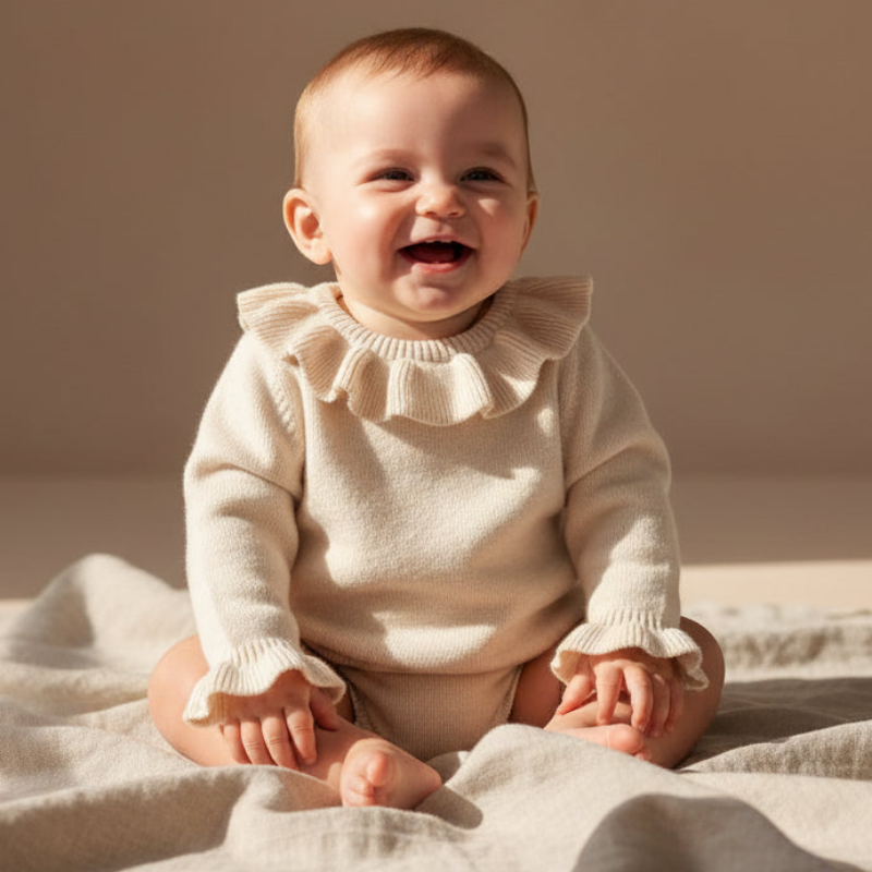 Baby trägt gestrickten Pullover in Sandfarbe – personalisierte Babybekleidung von Schmatzepuffer