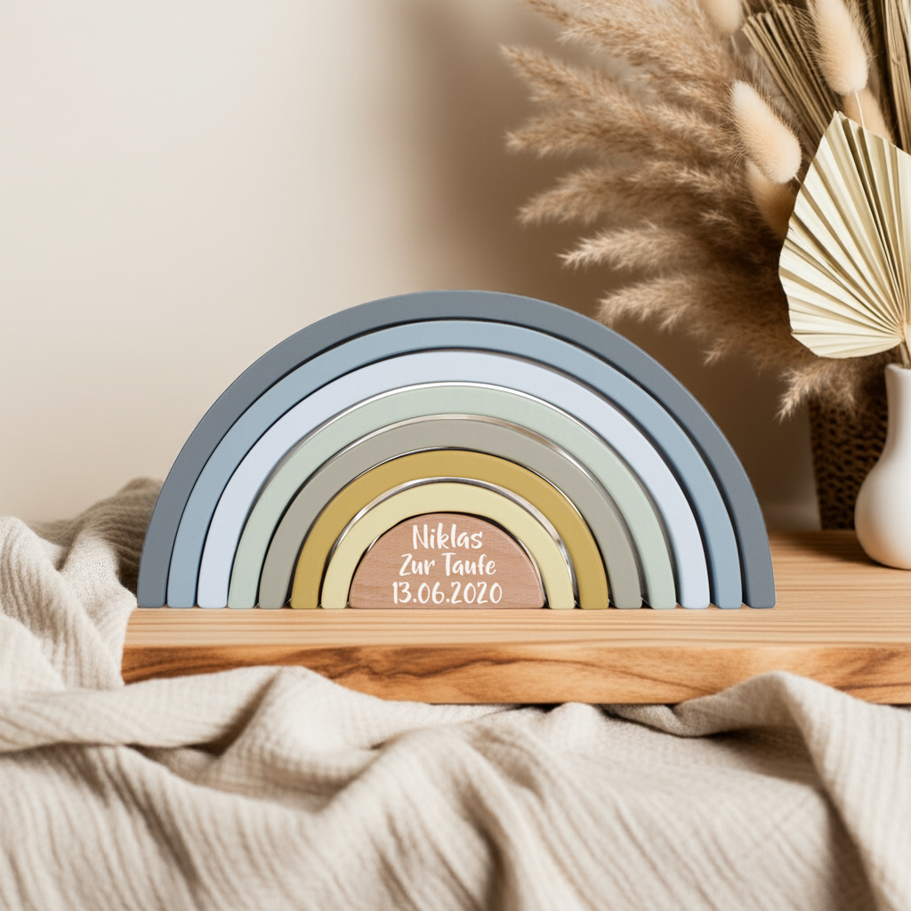 Personalized Rainbow Stacking Tower Blue for Christening – Wooden Gift | Schmatzepuffer