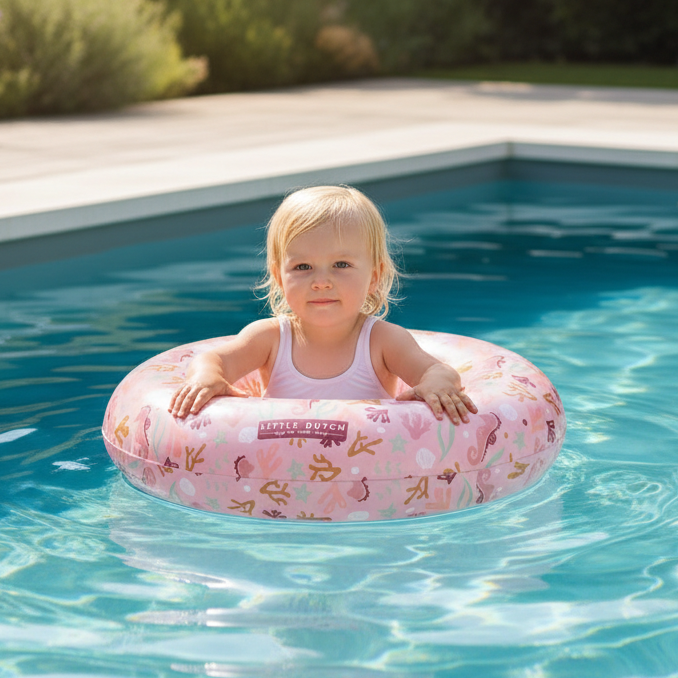Kleinkind mit dem Kinder Schwimmring Ocean Dreams Pink 50 cm beim Planschen im Pool. Der aufblasbare Schwimmring im maritimen Design eignet sich ideal für Pool, Garten, Strand und sommerlichen Wasserspaß.
