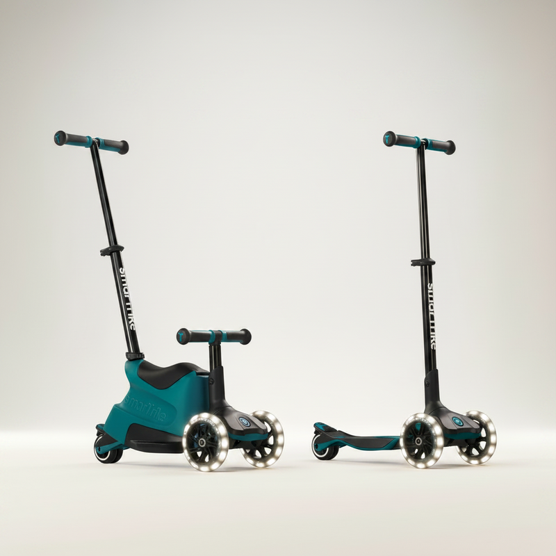 Mitwachsender 4-in-1 Kinder Scooter in zwei Varianten: Ride-on mit Sitz und klassischer Scooter mit LED Rädern, geeignet von 12 Monaten bis 12 Jahre