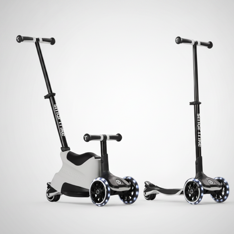 Mitwachsender Kinder Scooter mit Sitz und klassischer Scooter Variante, 4-in-1 umbaubar, LED Räder, geeignet ab 12 Monaten bis 12 Jahre