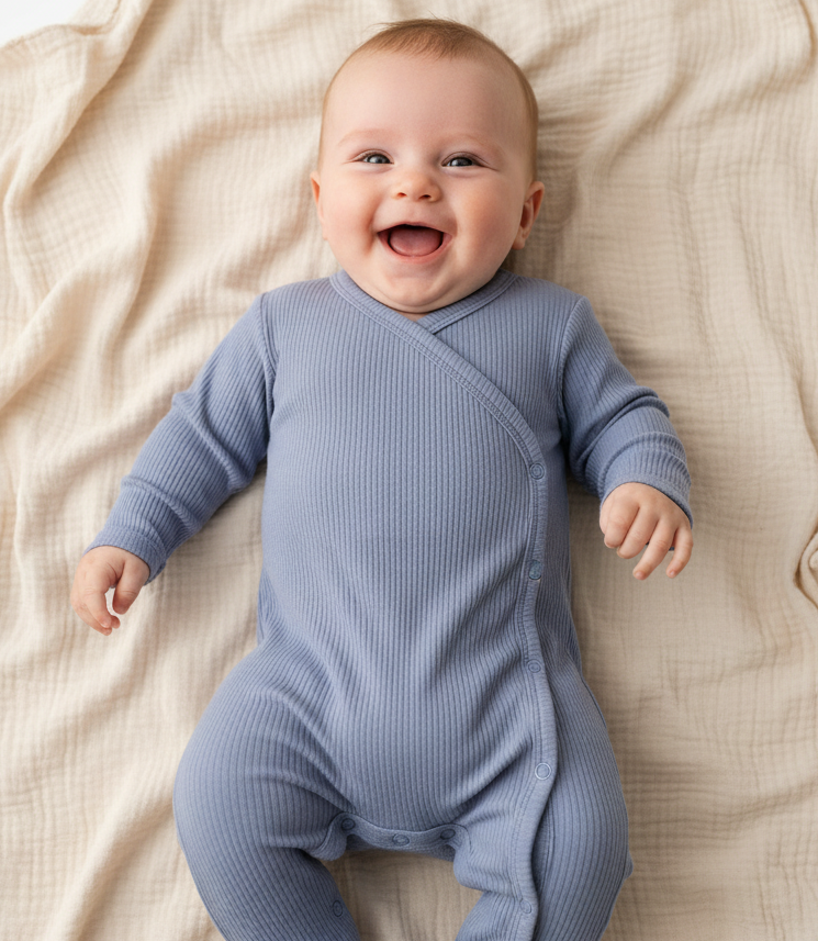 Langarm Wickelstrampler in blau aus weicher Baumwolle fuer Babys mit praktischer Wickeloeffnung und hohem Tragekomfort