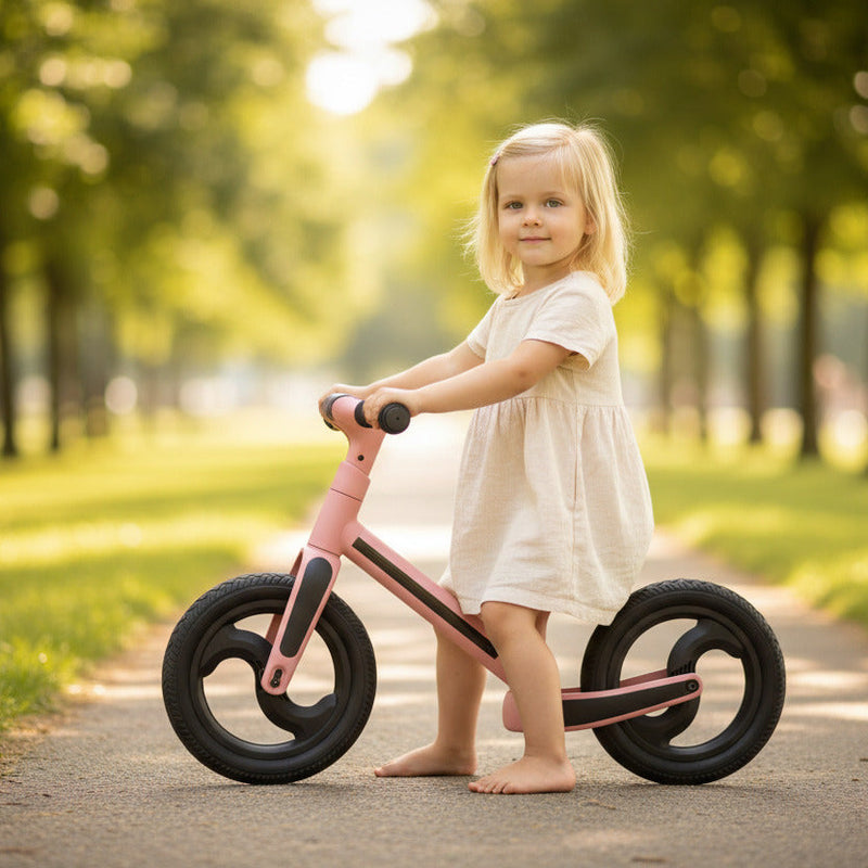 Kleinkind auf rosa Laufrad im Park. Das Kinderlaufrad fördert Gleichgewicht, Koordination und Motorik und unterstützt den spielerischen Einstieg in das selbstständige Fahrradfahren.