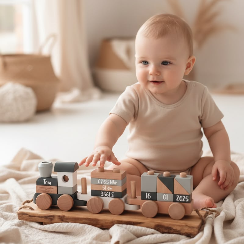 Personalisierter Holzzug zur Geburt mit Name, Geburtsdatum, Uhrzeit, Gewicht und Größe vor einem Baby im gemütlichen Babyzimmer – hochwertiges personalisiertes Geburtsgeschenk von Schmatzepuffer