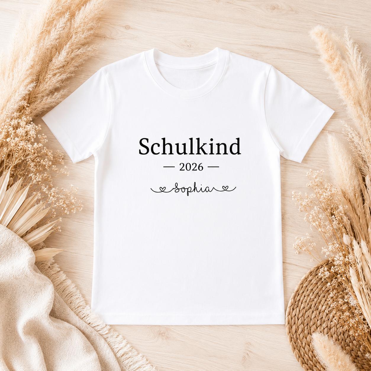 Personalisiertes Schulkind T-Shirt 2026 mit Namen Sophia auf hellem Holzuntergrund mit Trockenblumen