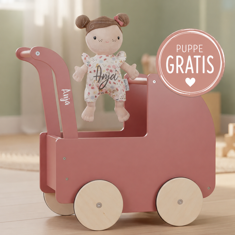 Rosa Holzpuppenwagen mit gratis Stoffpuppe und Personalisierung. Hochwertiges Geschenk für Kinder, personalisiert mit Namen bei Schmatzepuffer – beliebte Geschenkidee zum Geburtstag und für kleine Puppeneltern.