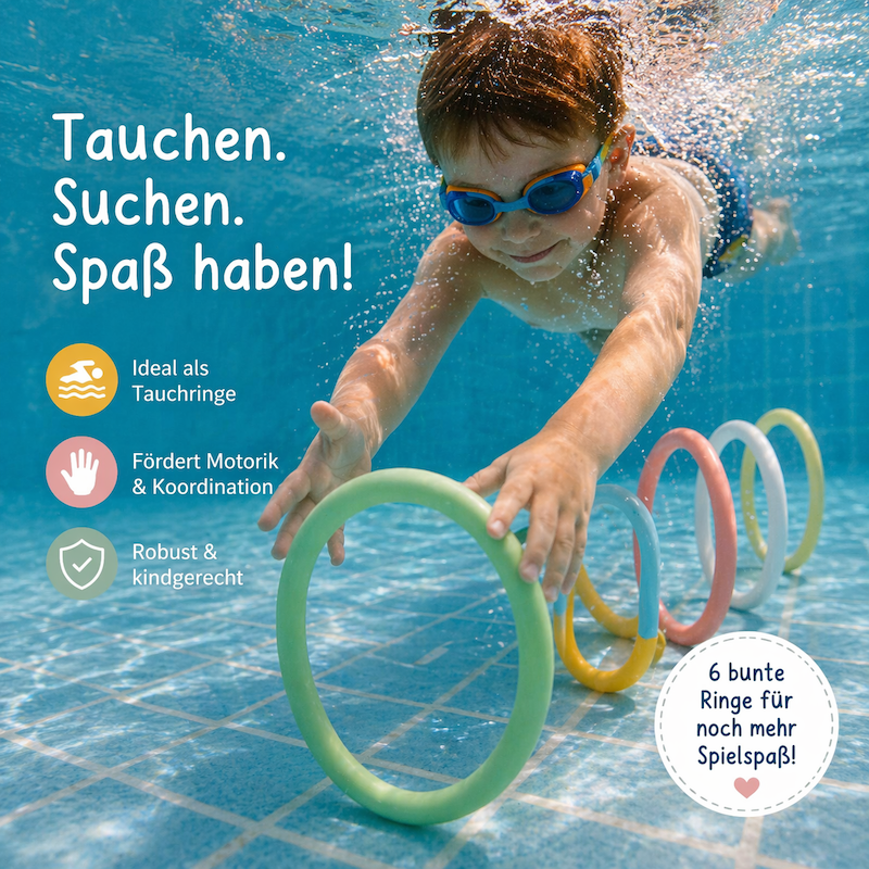 Kind taucht im Pool nach bunten Ringen – Aktivitätenringe für Kinder als Tauchringe für Wasserspiele, fördern Motorik, Koordination und Bewegung