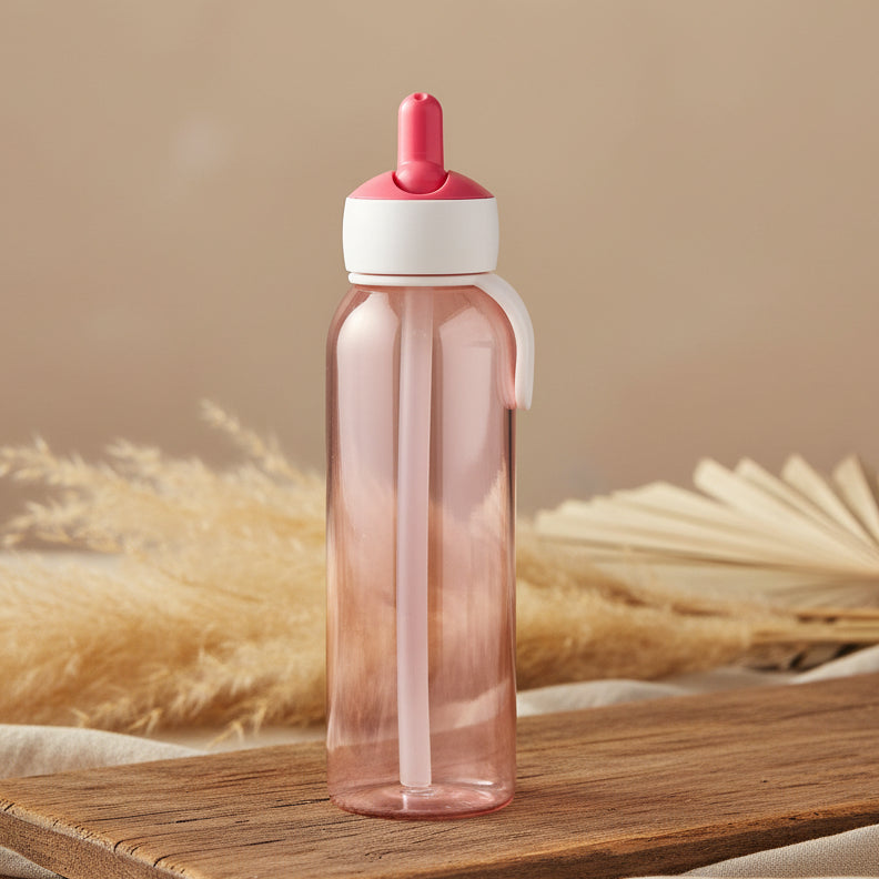 Rosa Kinder Trinkflasche mit Strohhalm und auslaufsicherem Verschluss fuer Kindergarten, Schule und unterwegs