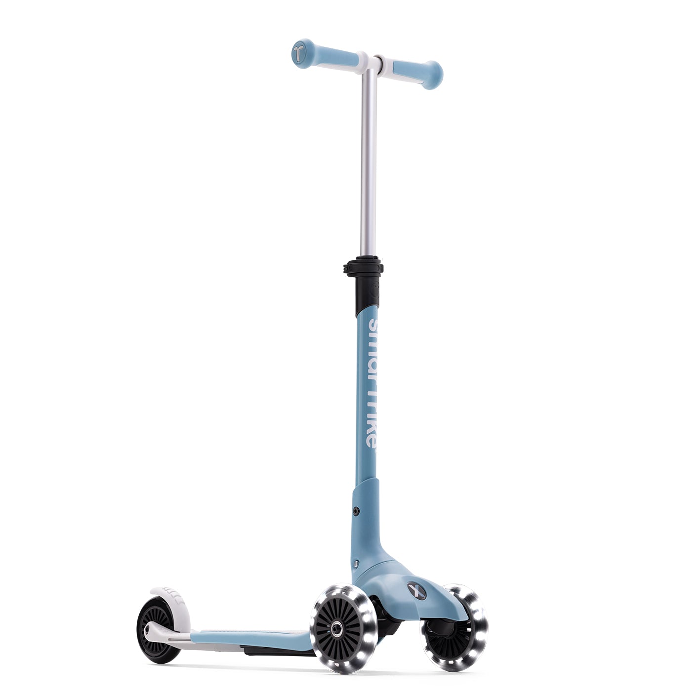 Xtend Mini+ Kinder Scooter in Blau in Frontansicht, stabiler 3-Rad Kinderroller mit LED-Rädern und höhenverstellbarem Lenker