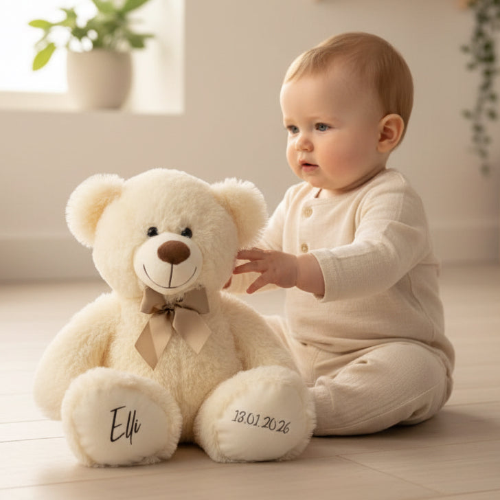 Personalisierter Teddybär Kuscheltier 54cm Weiß - Geschenk zur Geburt & Taufe