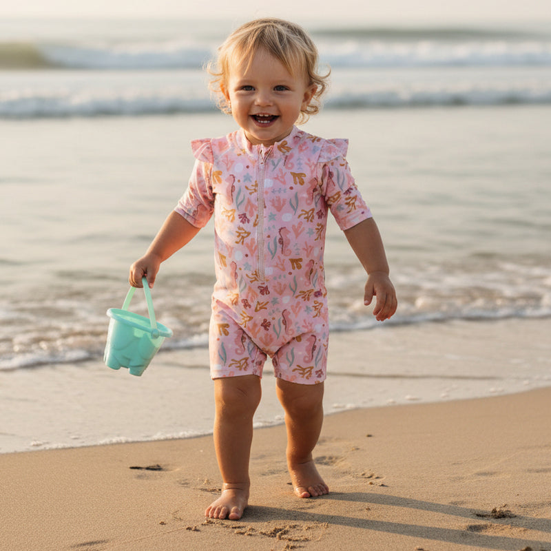 Short-sleeved swimsuit with ruffles Ocean Dreams Pink | Little Dutch
