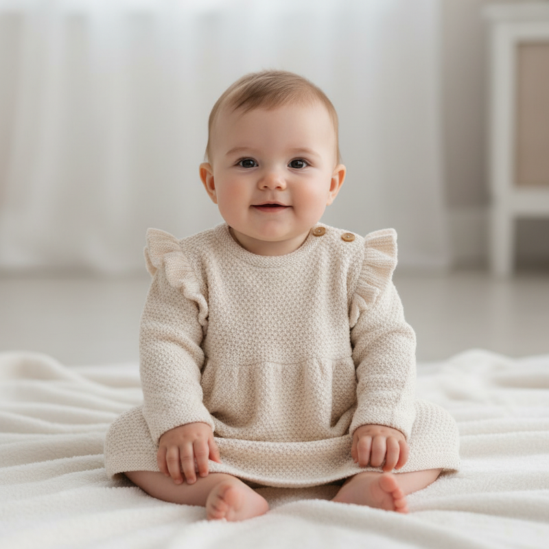 Gestricktes Langarm Kleid Sand mit Rüschen