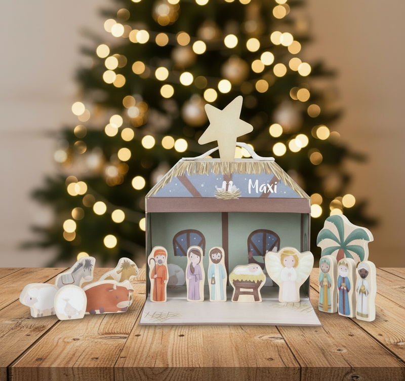 Personalisierte Weihnachtskrippe aus Holz – liebevolles Krippenspiel für Kinder