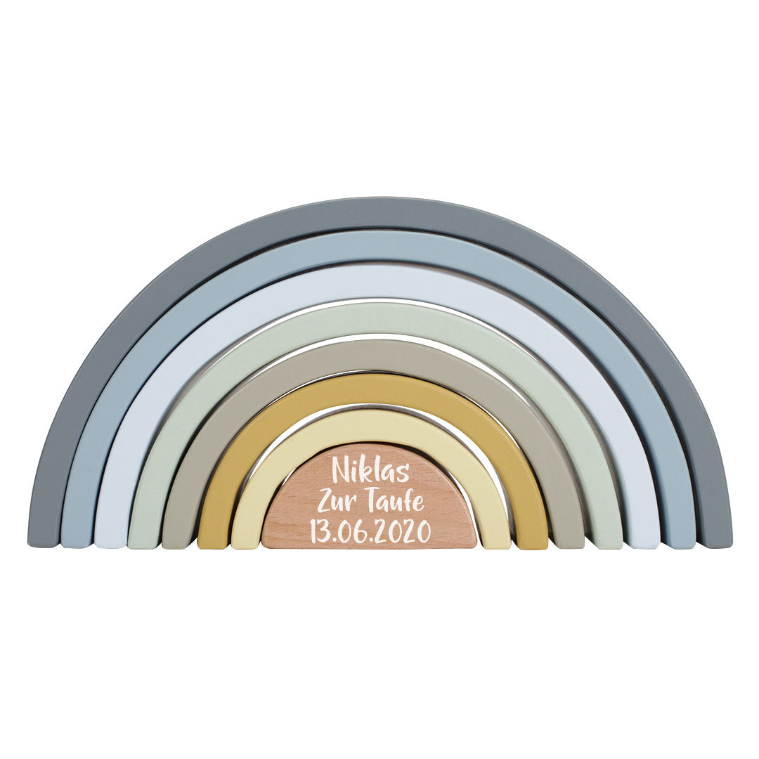 Personalized Rainbow Stacking Tower Blue for Christening – Wooden Gift | Schmatzepuffer