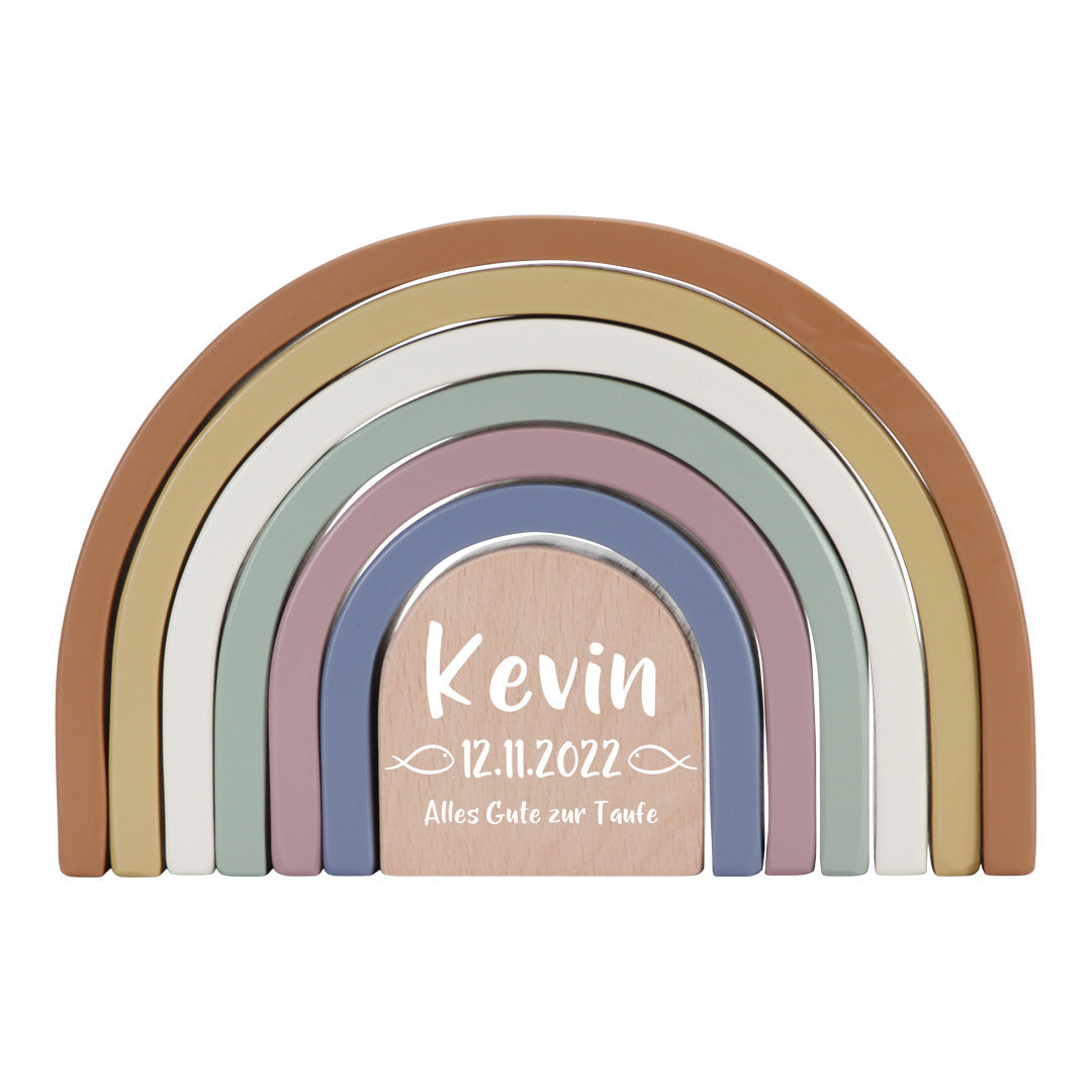 Personalized Rainbow Stacking Tower Vintage for Christening – Printed Wood | Schmatzepuffer