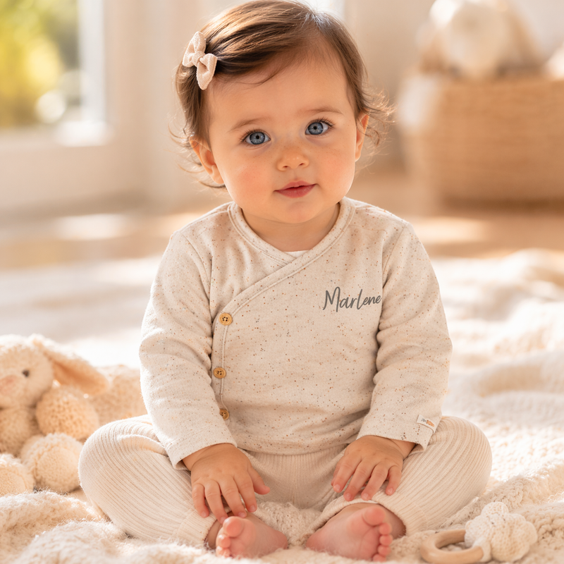 Baby trägt personalisierten cremefarbenen Body mit dem Namen Marlene und sitzt auf einer weichen Decke mit Kuscheltier im Hintergrund