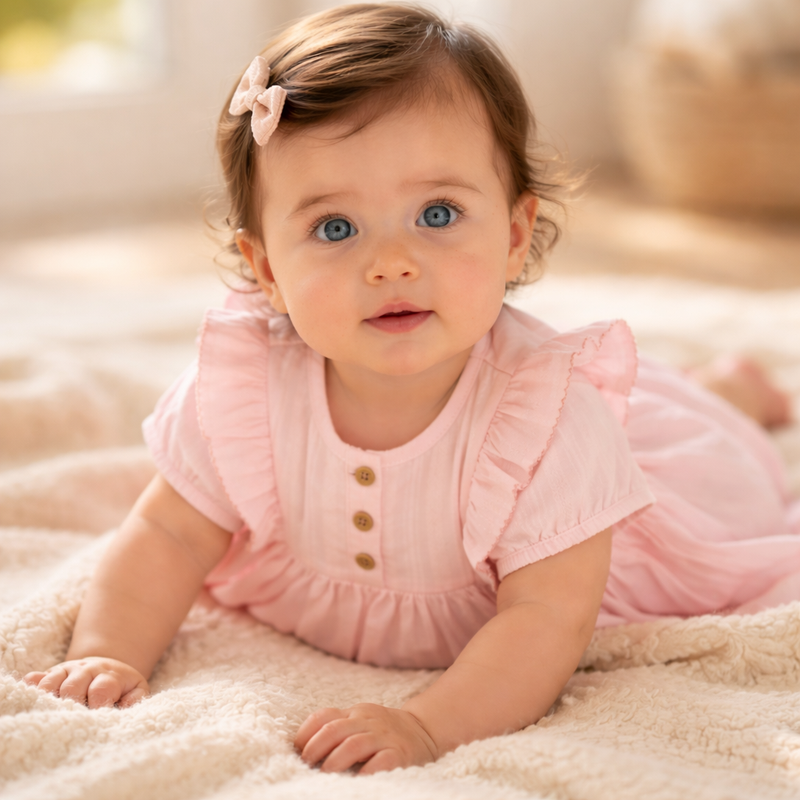 Baby trägt ein rosafarbenes Kleid mit Rüschen und Knopfleiste und liegt auf einer weichen Decke in einem hellen Raum