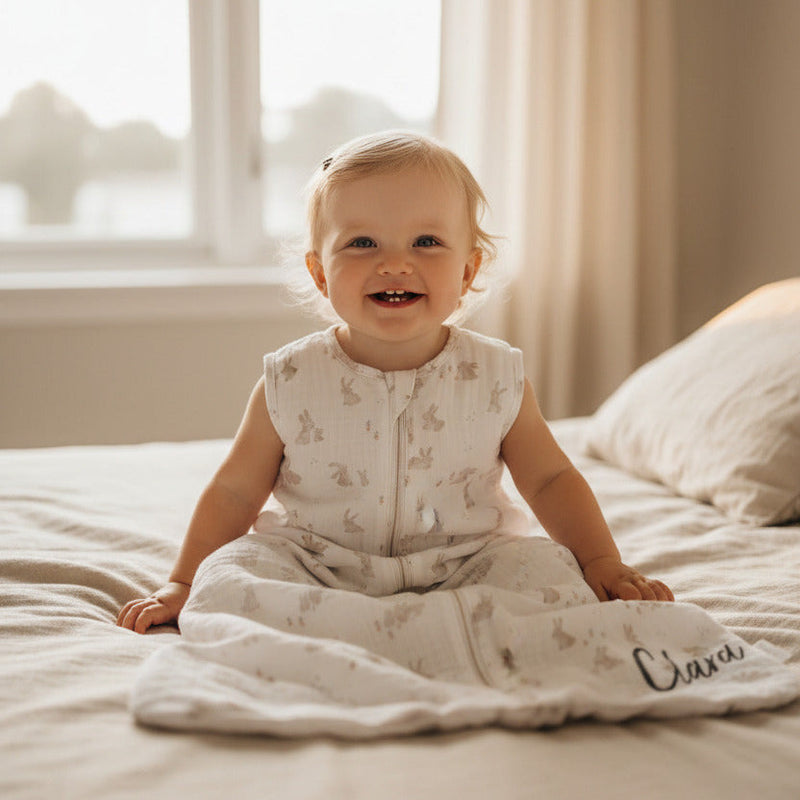 Blondes Baby mit Locken im personalisierten Sommerschlafsack mit Namen – kuscheliger Babyschlafsack für warme Nächte