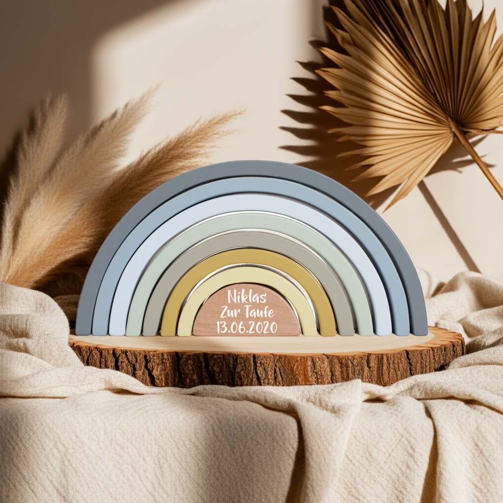 Personalized Rainbow Stacking Tower Blue for Christening – Wooden Gift | Schmatzepuffer