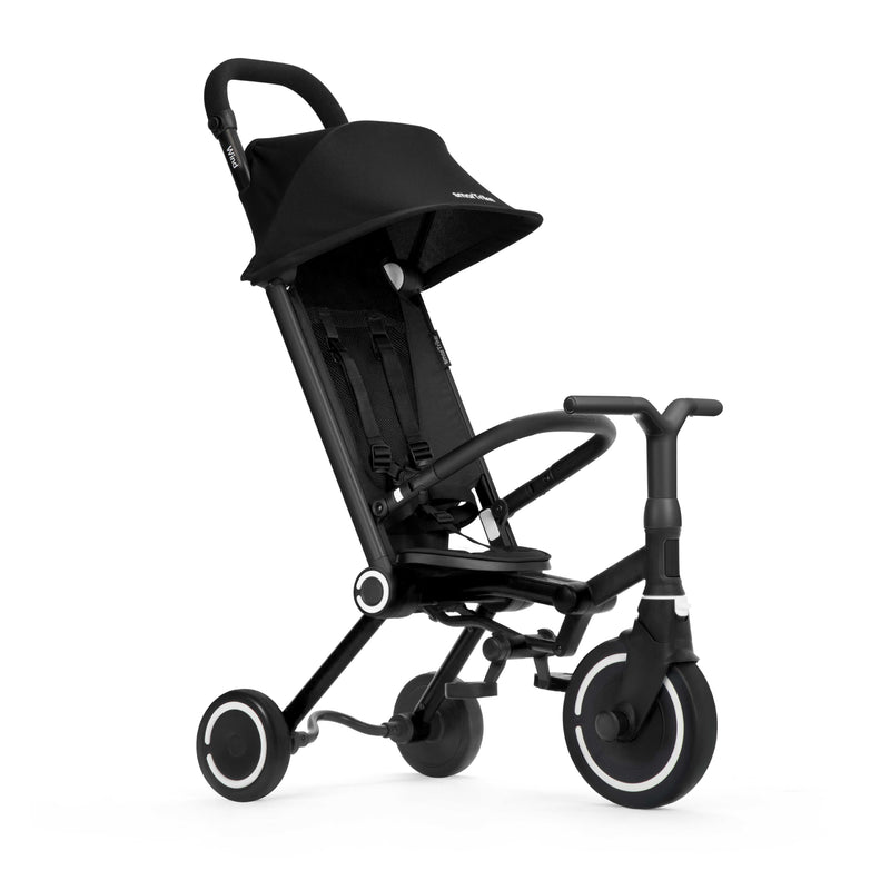 Schwarzer Kinderwagen mit Dreirad Funktion Seitenansicht mit Sonnendach und Liegeposition