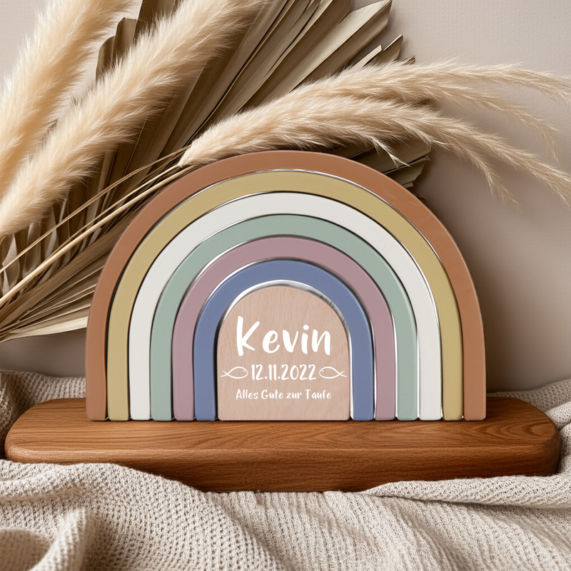 Personalized Rainbow Stacking Tower Vintage for Christening – Printed Wood | Schmatzepuffer