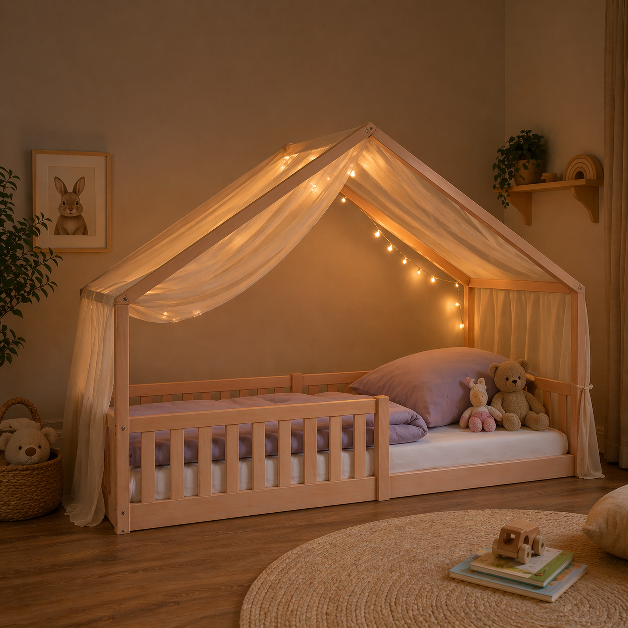 Hausbett für Kinder aus Buche natur mit Baldachin und Lichterkette in gemütlicher Abendstimmung im Kinderzimmer – Bodenbett 90x200 zum Kuscheln und Einschlafen