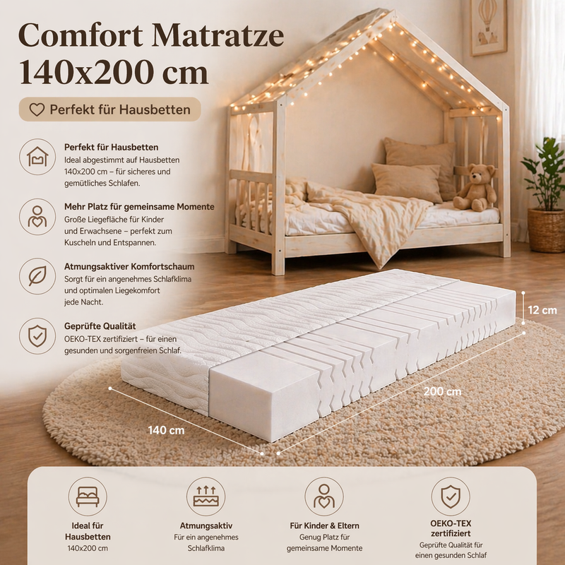Comfort Schaummatratze 140x200 cm für Hausbett im Kinderzimmer, OEKO-TEX zertifiziert, ideal für sicheren und gemütlichen Schlaf