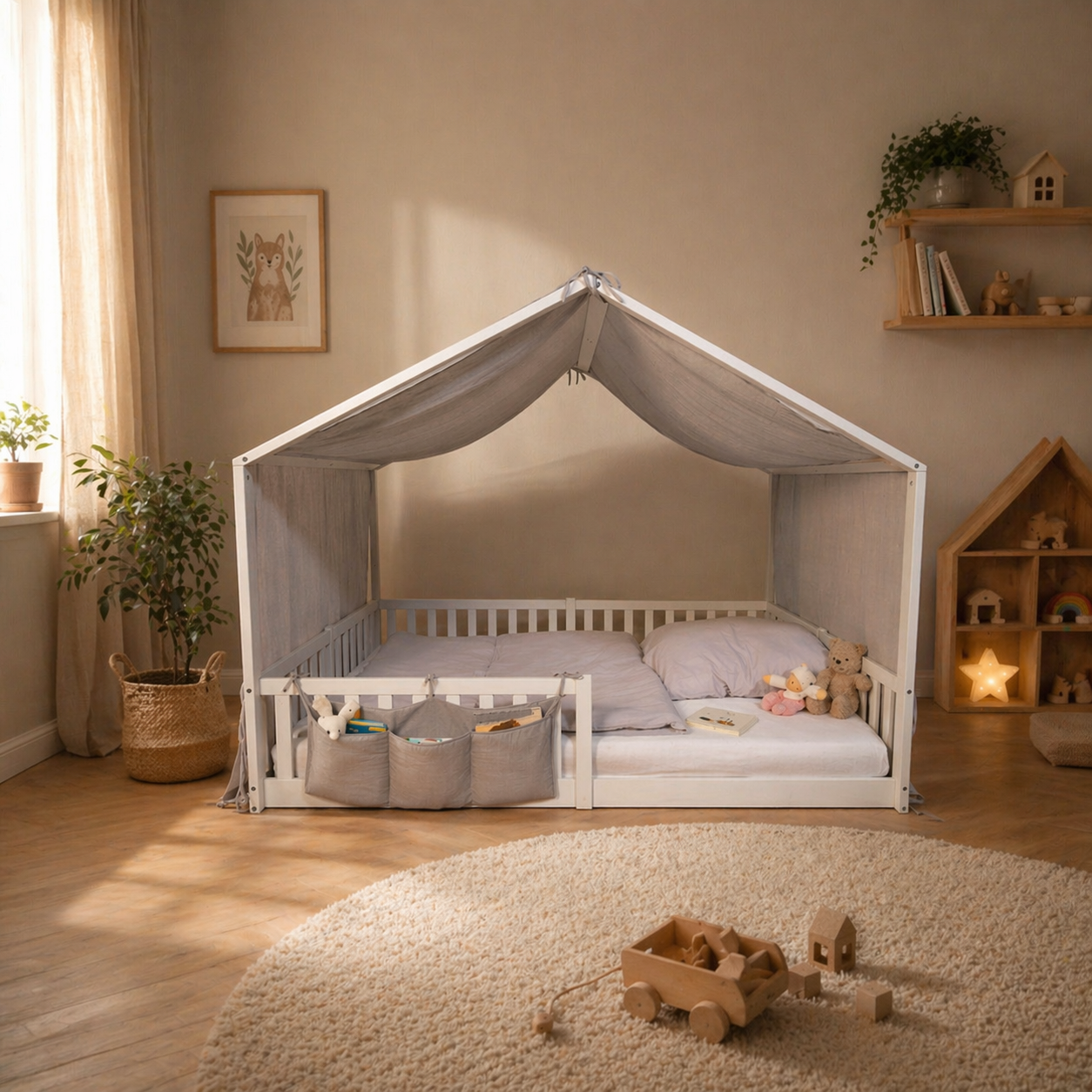 Weißes Hausbett mit grauem Dachhimmel und Organizer in einem warm eingerichteten Kinderzimmer