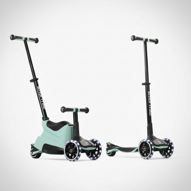 Mitwachsender Kinder Scooter 4 in 1 in Mint Grün – Ride-on mit Sitz und klassischer Scooter mit LED-Rädern für Kinder ab 12 Monaten bis 12 Jahre