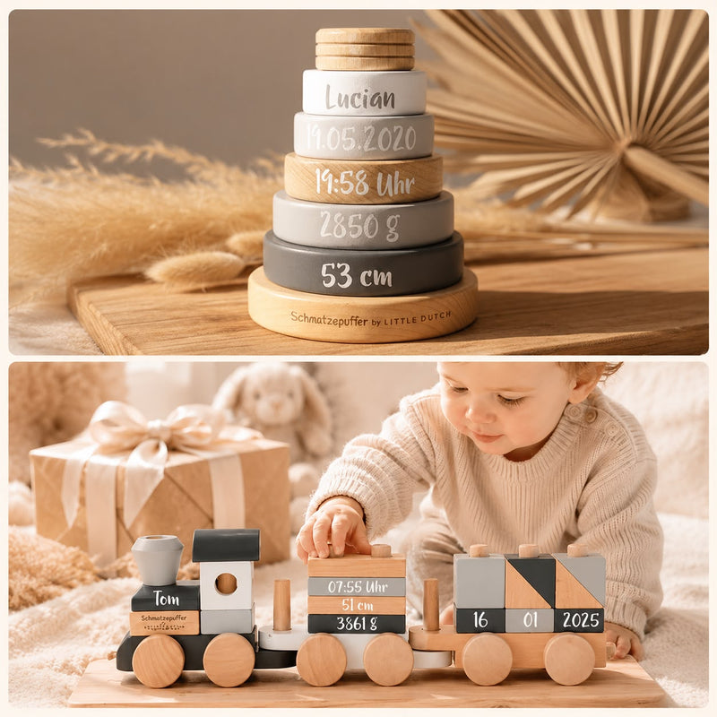 Personalisierter Holzzug und Stapelturm mit Namen als Geschenk zur Geburt – hochwertige Holzspielzeuge mit Geburtsdaten für Babys und Neugeborene