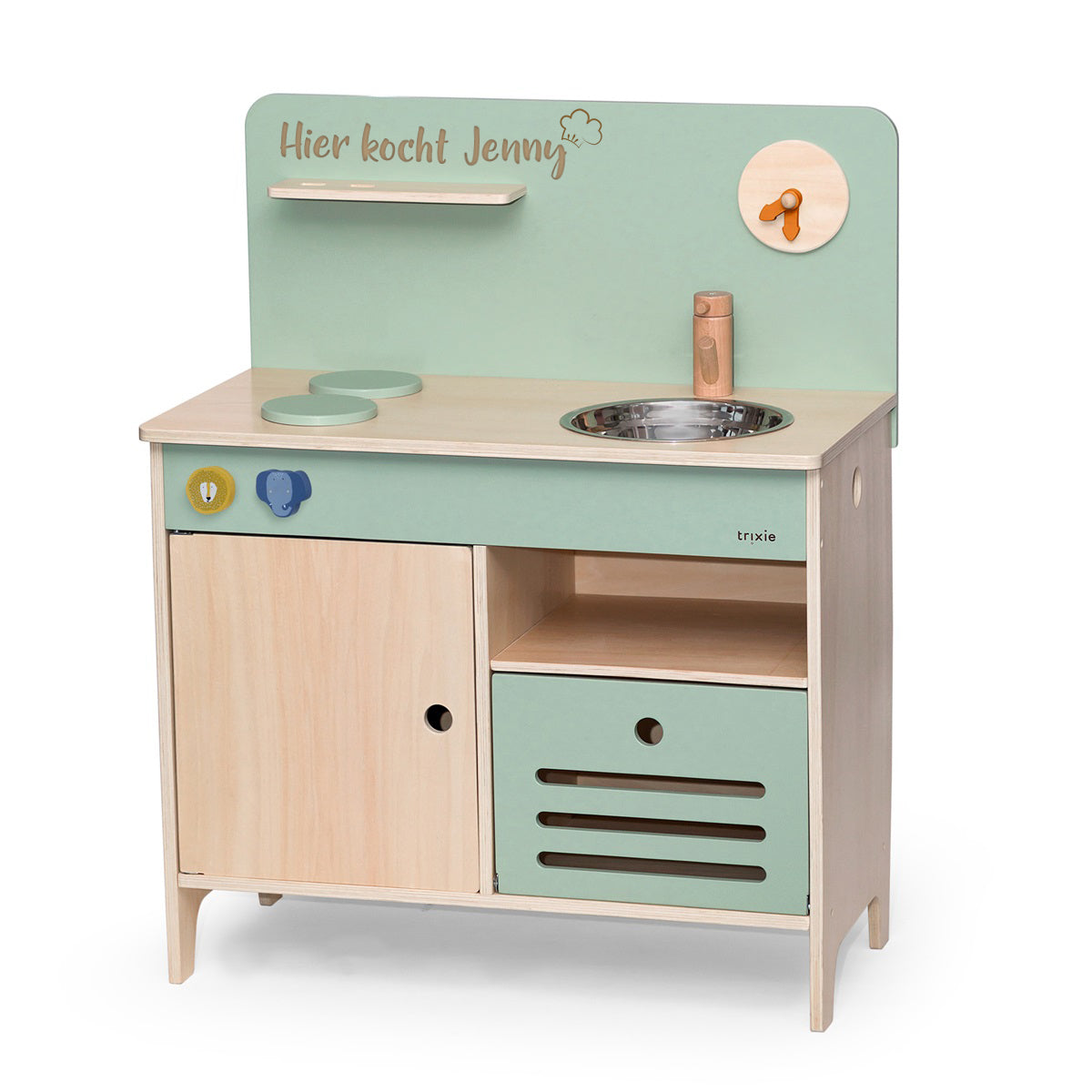 Personalisierte Spielküche aus Holz mit Namen für Kinder in Mintgrün und Naturholz mit Spüle, Herd und Stauraum für fantasievolle Rollenspiele im Kinderzimmer.