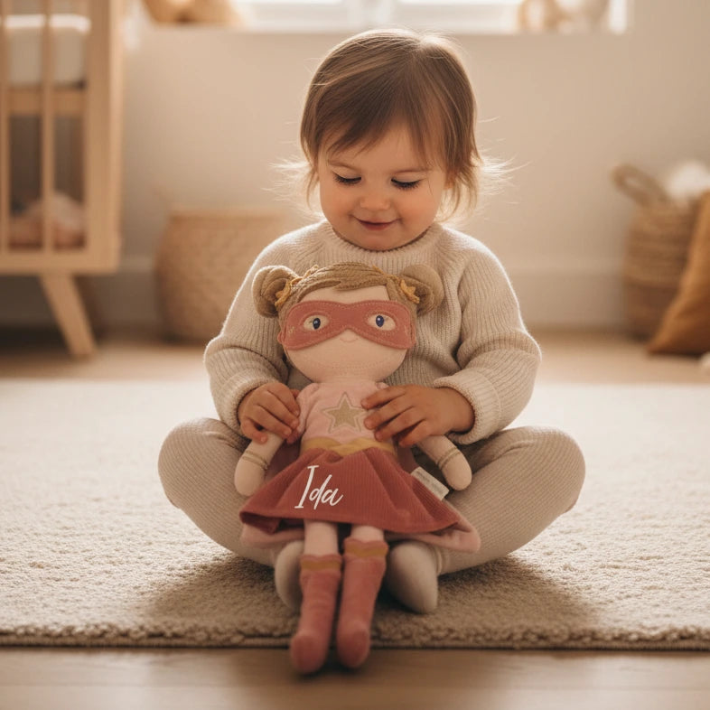 Kleines Mädchen spielt mit personalisierter Kuschelpuppe Superheldin mit Name Ida als Geschenkidee für Kinder
