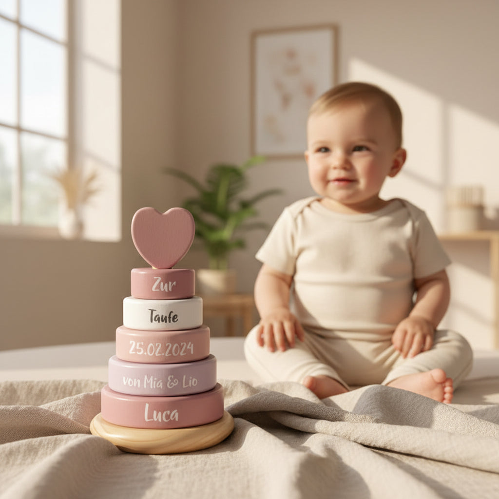 Personalisierter Holz Stapelturm in Rosa mit individuellem Namen zur Foerderung von Motorik, Hand Auge Koordination und spielerischem Lernen