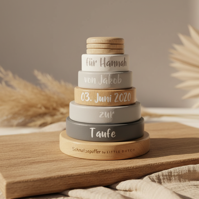 Personalisierter Stapelturm zur Taufe mit Name des Kindes, Taufdatum und Name des Schenkenden als individuelles Taufgeschenk aus Holz