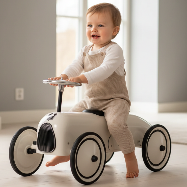 Kleinkind fährt auf weißem Rutschauto im Wohnzimmer – ideales Geschenk zum 1. Geburtstag für Kinder