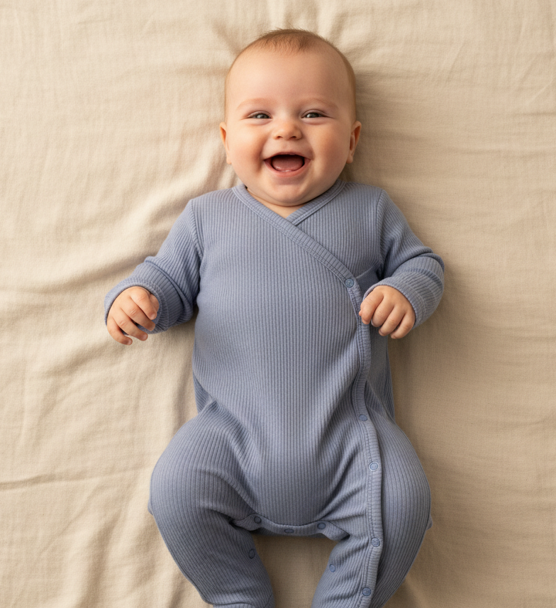 Weicher Wickelstrampler in Blau fuer Neugeborene und Babys aus hautfreundlichem Material mit praktischer Wickeloeffnung und hohem Tragekomfort