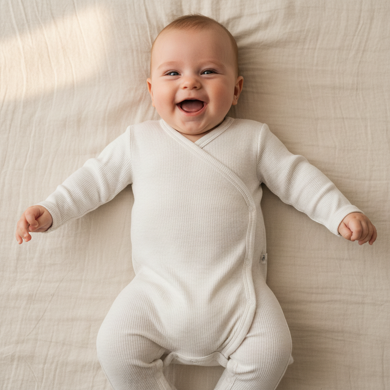 Weicher Wickelstrampler in Sand fuer Neugeborene und Babys aus hautfreundlichem Material mit praktischer Wickeloeffnung und hohem Tragekomfort