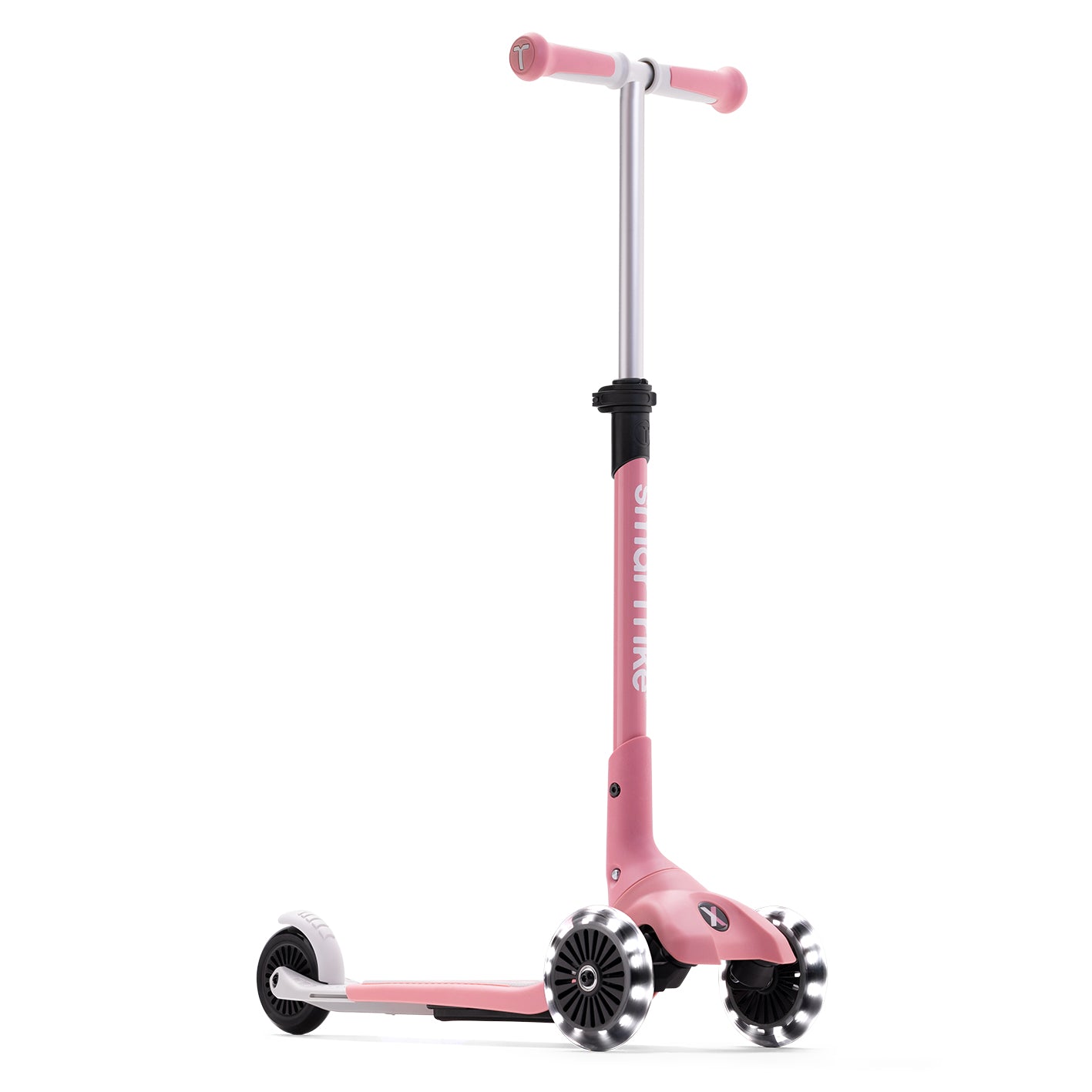 Xtend Mini+ Kinder Scooter in Rosa in Frontansicht, mit LED-Rädern und höhenverstellbarem Lenker, stabiler 3-Rad Scooter für Kinder